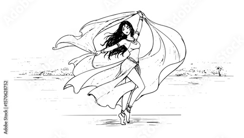 belly dancer woman performing dance line art