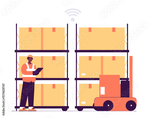 Warehouse logistics illustration featuring a forklift boxes shelves and worker for inventory management