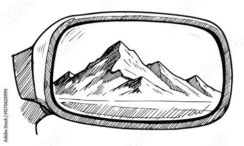 mountain landscape reflection in car side mirror sketch