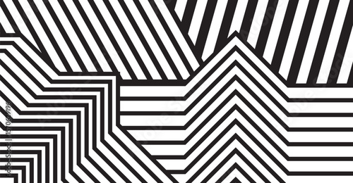 This captivating abstract design features a striking contrast of black and white parallel lines arranged in various geometric shapes to create a bold and modern visual effect