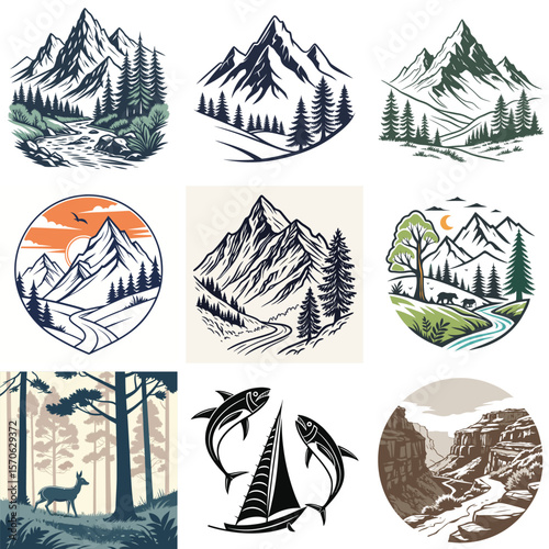 Collection of Nature Inspired Illustrations Featuring Mountains Forests Wildlife and Water