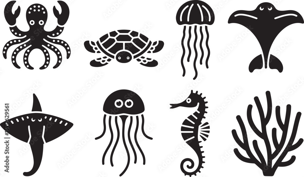 Obraz premium Ocean Sea Animals Collection: Turtle, Jellyfish, and Seahorse Icons