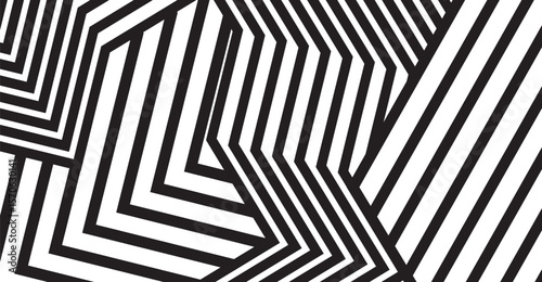 This striking monochrome image showcases an abstract composition of bold black and white geometric shapes, with dynamic diagonal lines creating an optical illusion of depth and movement