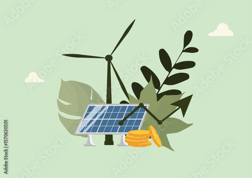 Green Energy Investment. Solar Energy and Wind Energy.  Flat design showing solar panel, wind turbine, plants and golden coins representing renewable energy investment concept. Vector illustration