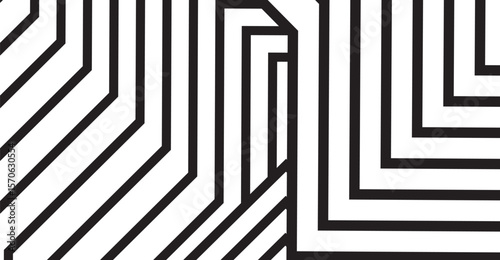 A striking black and white image features an arrangement of angular and vertical black lines, creating a geometric and abstract maze-like pattern that evokes a sense of modernity