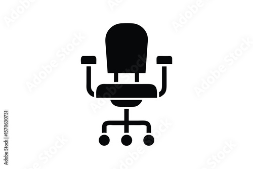 Modern minimalist black and white illustration of an ergonomic office chair, swivel base, comfortable design, suitable for corporate branding, website design, and productivity concepts, clean and prof