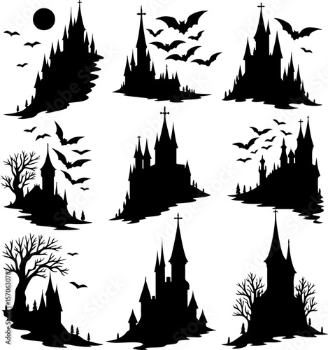  Haunted Castle and Bat Silhouettes for Halloween vector bundle