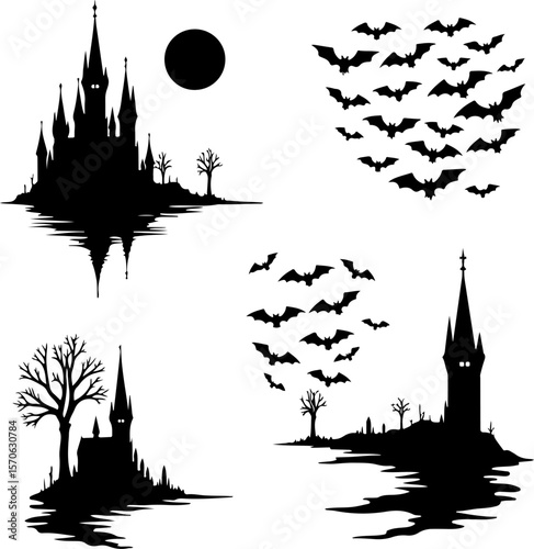  Haunted Castle and Bat Silhouettes for Halloween vector bundle