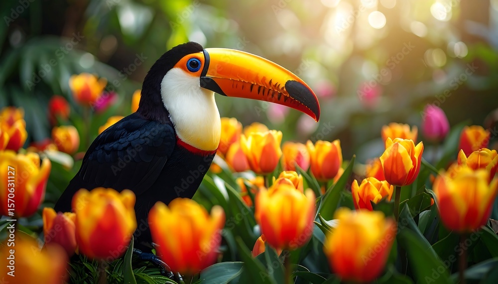 Fototapeta premium Toucan Bird in a Field of Orange and Yellow Tulips