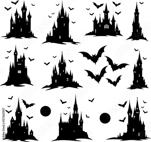  Haunted Castle and Bat Silhouettes for Halloween vector bundle