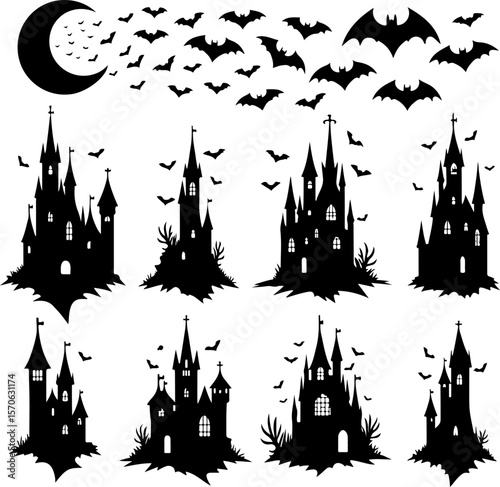  Haunted Castle and Bat Silhouettes for Halloween vector bundle