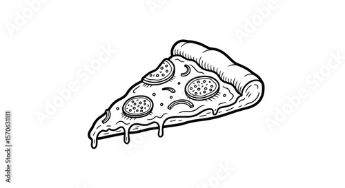 Appetizing Slice of Pizza Black Vintage Sketch on White Background
