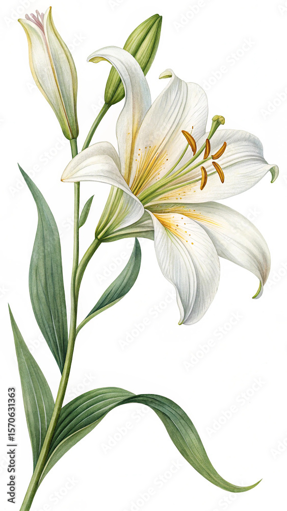 Obraz premium Watercolor White Lily Bloom with Green Leaves and Buds