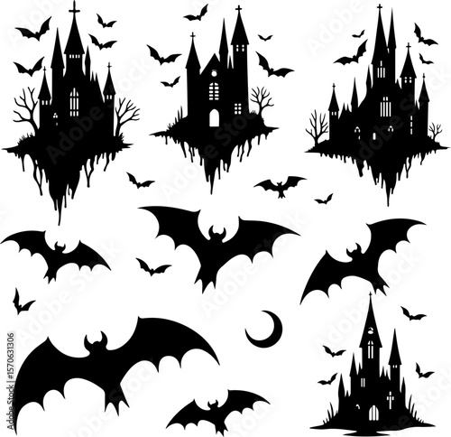  Haunted Castle and Bat Silhouettes for Halloween vector bundle