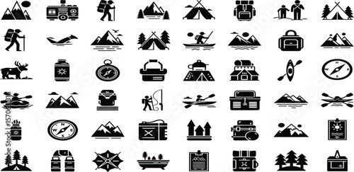 Collection of Camping Icon: A series of minimalist icons, artfully rendered in black, present the essence of outdoor exploration.