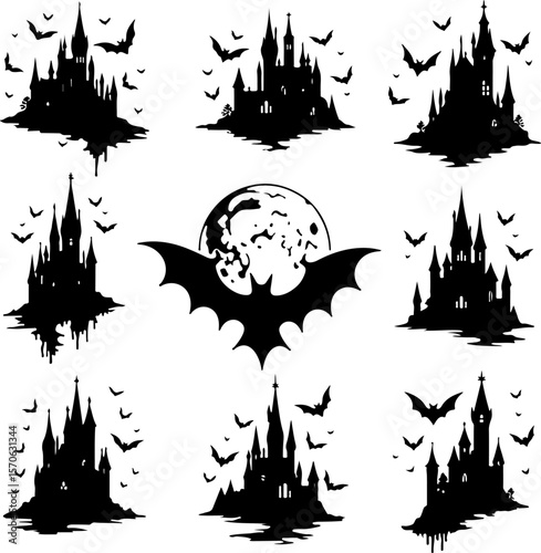  Haunted Castle and Bat Silhouettes for Halloween vector bundle