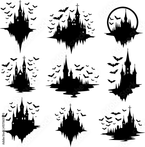  Haunted Castle and Bat Silhouettes for Halloween vector bundle