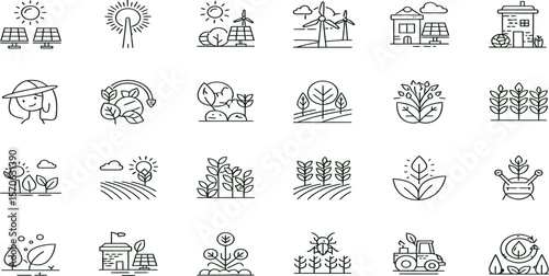 Eco-Friendly Icons: A collection of meticulously crafted line art icons that celebrate the wonders of the natural world, emphasizing themes of sustainability, farming, ecology, and the environment.