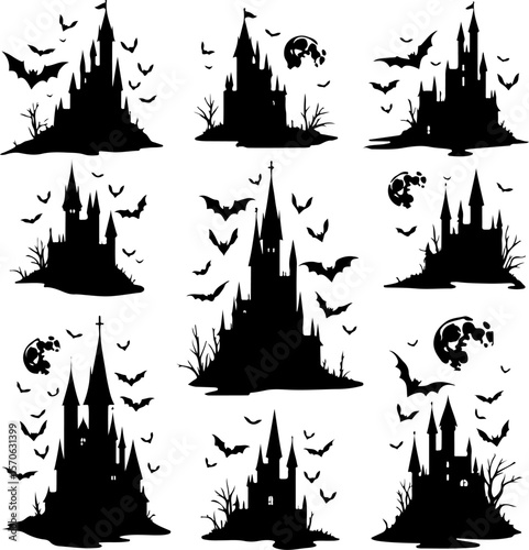  Haunted Castle and Bat Silhouettes for Halloween vector bundle