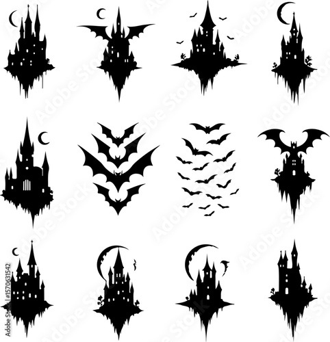  Haunted Castle and Bat Silhouettes for Halloween vector bundle