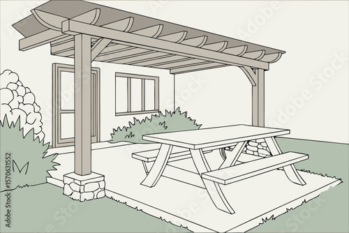 picnic table, wooden outdoor furniture, landscape design, rustic elements, architectural rendering, natural textures, minimalist style, clean lines, photorealistic
