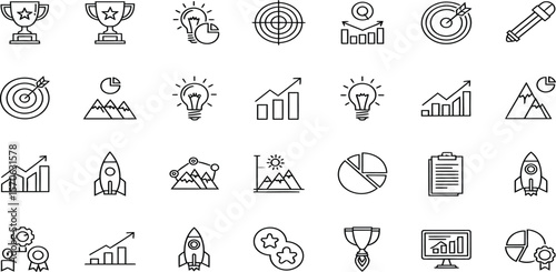 Set of Business Icon: A comprehensive collection of minimalist line art icons, symbolizing the essence of business, strategy, and achievement,perfect for diverse design application.