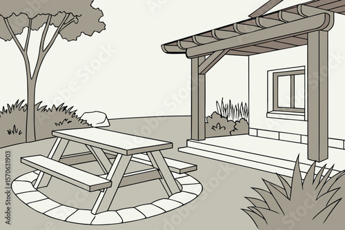 picnic table, wooden outdoor furniture, landscape design, rustic elements, architectural rendering, natural textures, minimalist style, clean lines, photorealistic