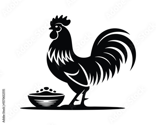 Rooster Eating from a Bowl Silhouette Vector Illustration, Farm Chicken Feeding on Grain Icon for Agriculture Logo