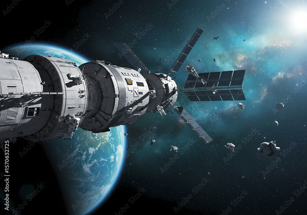 Obraz premium Spaceship in Earth Orbit A Journey Through Space
