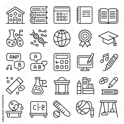 Collection of Black and White Line Icons Depicting Educational and Scientific Concepts Including School Building Books Calendar Notebook Open Book Erlenmeyer Flasks D N A Globe Award