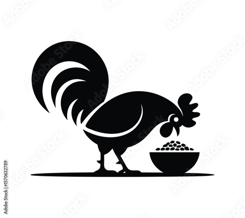 Minimal Rooster Silhouette Logo for Organic Farms, Morning Rooster Pecking Grain Vector Art
