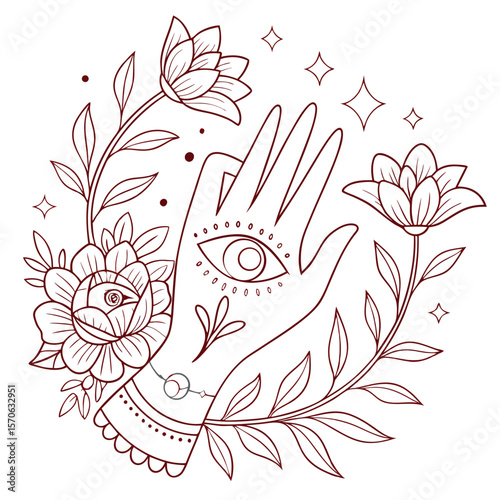 Mystic Hand with All-Seeing Eye and Floral Elements – Vector Line Art