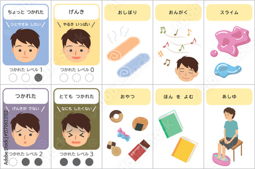 疲れを示す絵カードとリフレッシュ方法の絵カードセット