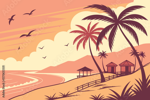  tropical sunset beach scene with palm trees, beach huts, and birds flying, digital art, vibrant colors, calming atmosphere