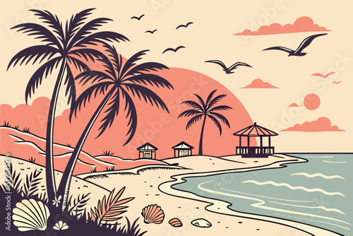  tropical sunset beach scene with palm trees, beach huts, and birds flying, digital art, vibrant colors, calming atmosphere