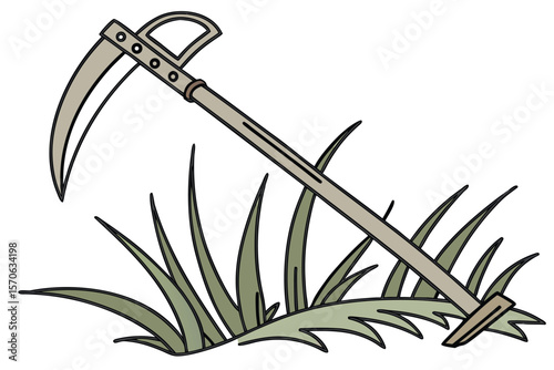  sickle, scythe, farming tool, agricultural implement, grey crescent shape, wooden handle