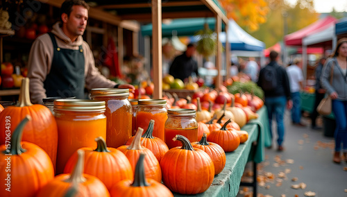 A bustling autumn market features bright orange pumpkins and jars of homemade goods. Visitors stroll through vendor stalls under colorful canopies, enjoying seasonal treats.