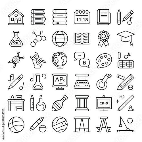 Collection of Black and White Line Icons Representing Education Science Art Music and Sports Including School House Books Globe D N A Pencil Crayons Musical Notes Beaker Graduation Cap Paint