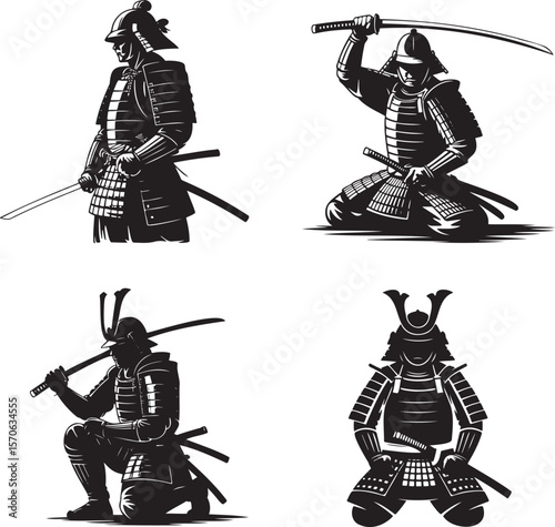 Set of Samurai silhouette vector illustration isolated On Transparent Background