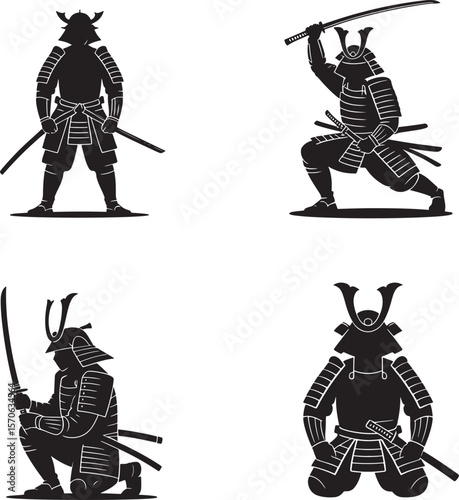 Set of Samurai silhouette vector illustration isolated On Transparent Background