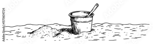 sand bucket on beach shore hand drawn summer illustration