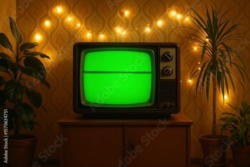 old tv on green background