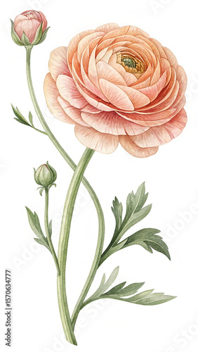 Watercolor Ranunculus Flower Illustration with Bud and Green Leaves 1
