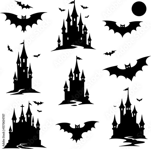 Halloween Spooky Castle and Bat Silhouettes vector
