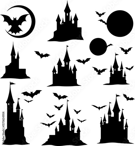 Halloween Spooky Castle and Bat Silhouettes vector