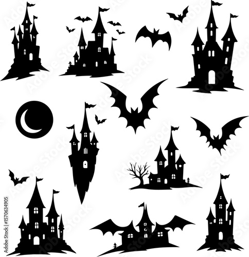 Halloween Spooky Castle and Bat Silhouettes vector