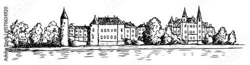 historic european castle riverside skyline hand drawn illustration