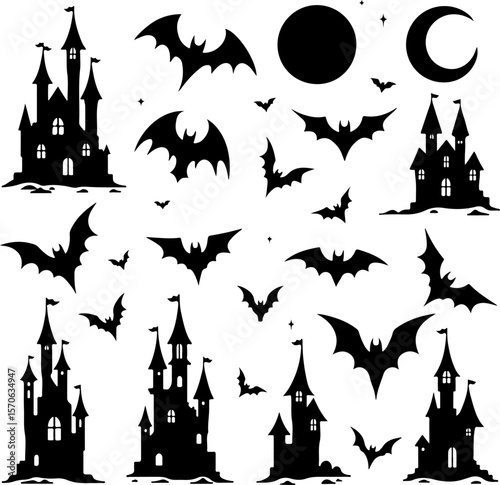 Halloween Spooky Castle and Bat Silhouettes vector