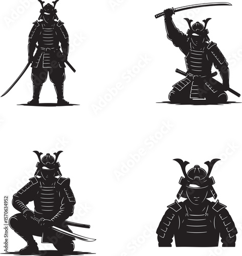 Set of Samurai silhouette vector illustration isolated On Transparent Background