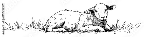 cute lamb resting in grass hand drawn farm illustration